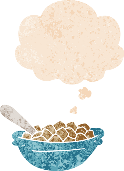 Düşünce baloncuklu çizgi film mısır gevreği kasesi grunge sıkıntılı retro stili bir insan tarafından çizilmiş