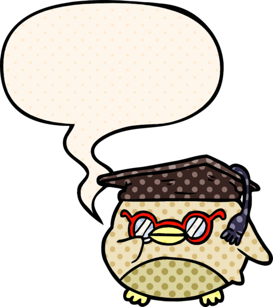 bir insan tarafından çizilmiş çizgi roman tarzında konuşma balonu olan akıllı yaşlı baykuş.