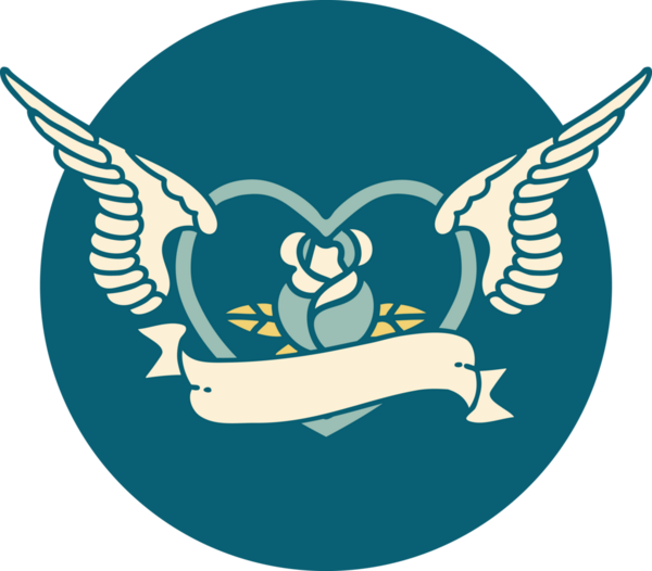 Bir insan tarafından çizilmiş çiçek ve bayrak ile uçan bir kalbin ikonik dövme görüntüsü