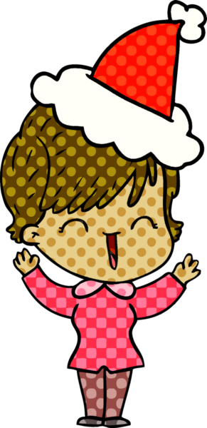 Bir insan tarafından çizilmiş Noel Baba şapkası giymiş gülen bir kadının el çizimi çizgi roman çizimi.