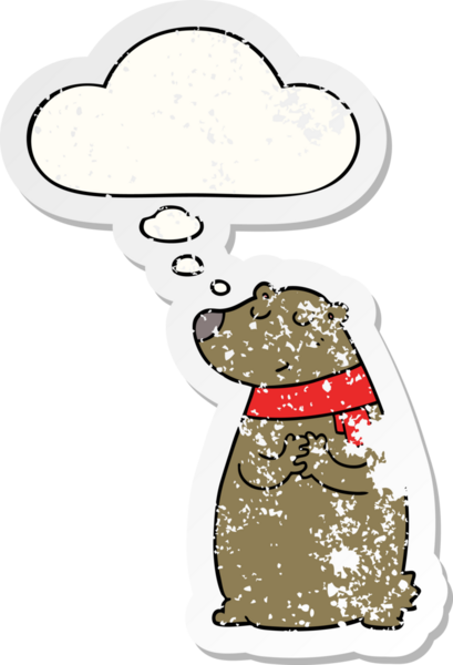 Düşünce baloncuklu bir eşarp takan çizgi film ayısı bir insan tarafından çizilmiş yıpranmış bir çıkartma gibi