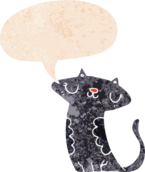 grunge 'da konuşma balonu olan çizgi film kedisi bir insan tarafından çizilmiş dertli retro desenli