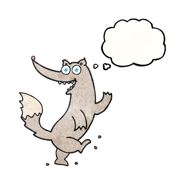 Bir insan tarafından çizilmiş serbest çizim düşünce balonu desenli mutlu kurt dansı.