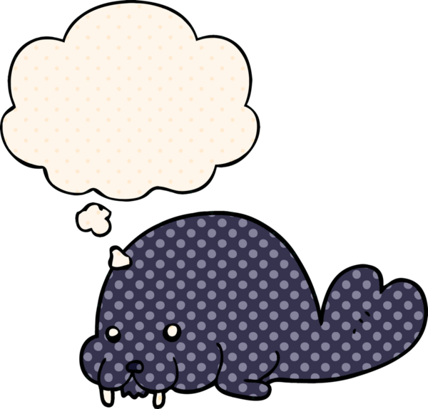 Çizgi roman tarzında bir insan tarafından çizilmiş düşünce baloncuğu olan şirin bir mors.