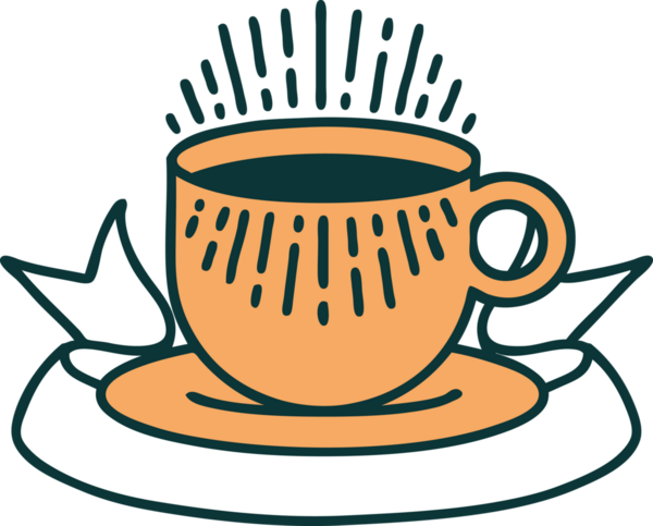 Geleneksel dövme ve bir insan tarafından çizilmiş bir fincan kahve.