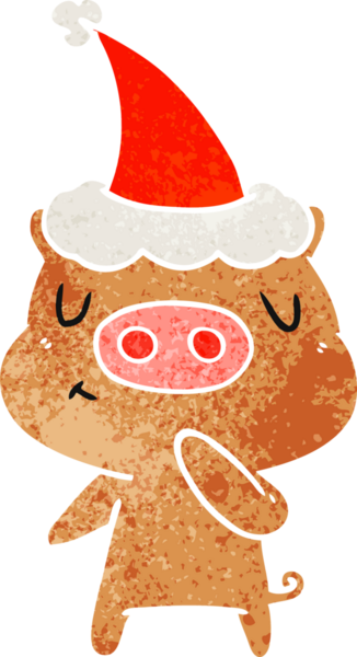 Bir insan tarafından çizilmiş Noel Baba şapkası takan bir domuzun el çizimi karikatürü.