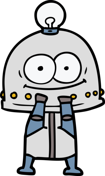 Bir insan tarafından çizilmiş ampullü mutlu karton robot.