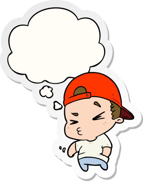 Düşünce baloncuğu olan karikatür havalı çocuk bir insan tarafından çizilmiş çıkartma