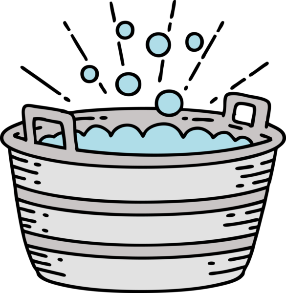 Bir insan tarafından çizilmiş geleneksel dövme tarzı teneke bir banyonun çizimi