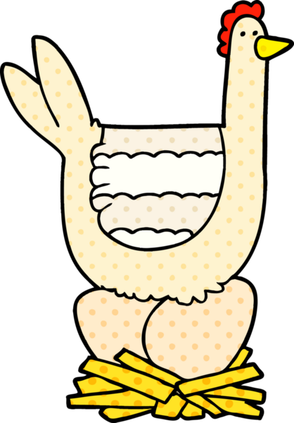 Bir insan tarafından çizilmiş yumurtaların üzerinde oturan tavuk çizgi filmi.