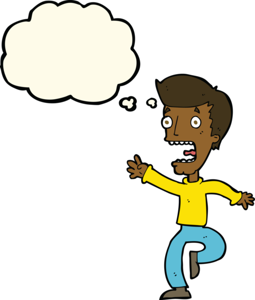 Bir insan tarafından çizilmiş düşünce baloncuğuyla dehşete düşmüş bir adam.