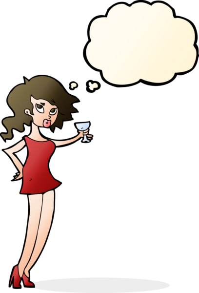 Bir insan tarafından çizilmiş düşünce baloncuğuyla partideki karikatür kadın.