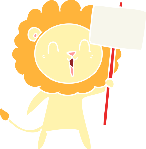 Gülen aslan düz renkli karikatür, bir insan tarafından çizilmiş.