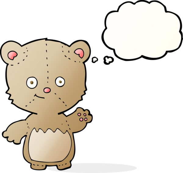 Bir insan tarafından çizilmiş düşünce baloncuğuyla sallanan küçük oyuncak ayı.