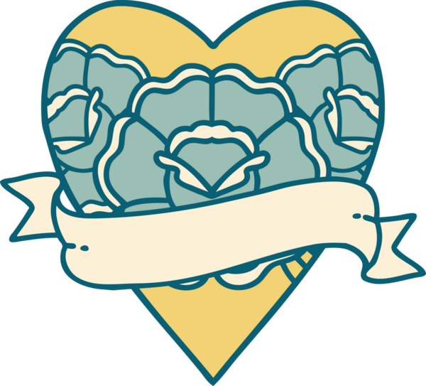 İkonik dövme stili bir kalp ve bir insan tarafından çizilmiş çiçekli pankart.