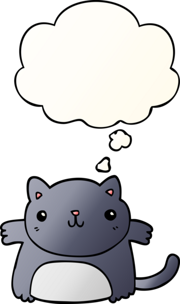 Bir insan tarafından çizilmiş yumuşak eğimli düşünce baloncuklu çizgi film kedisi.