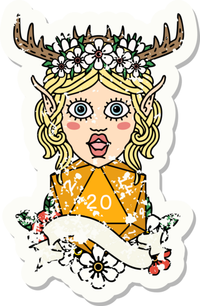 Bir insan tarafından çizilmiş doğal yirmi zarlı bir Elf Druid çıkartması.