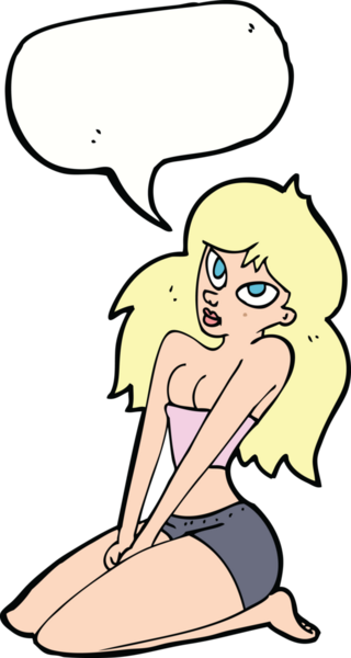 Bir insan tarafından çizilmiş konuşma balonu olan dar elbiseli bir karikatür kadın.