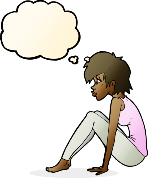 Bir insan tarafından çizilmiş düşünce baloncuğuyla oturan çizgi film kadını.