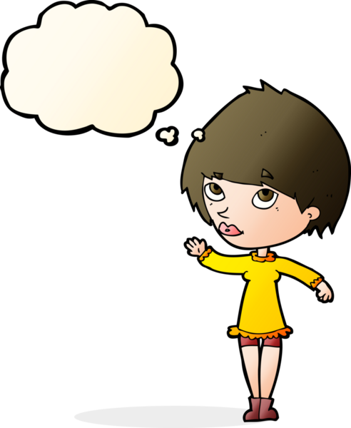 Bir insan tarafından çizilmiş düşünce baloncuğuyla el sallayan çizgi film kadını.