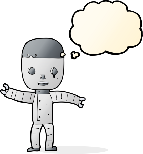 Bir insan tarafından çizilmiş düşünce baloncuklu çizgi film robotu