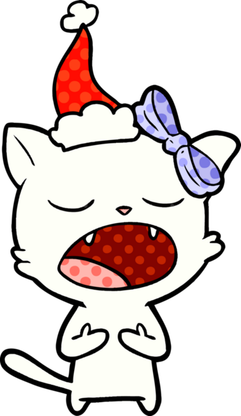 Bir insan tarafından çizilmiş Noel Baba şapkası giyen bir kedinin el çizimi çizgi roman tasviri.
