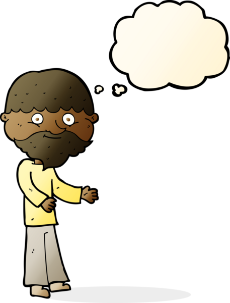 Bir insan tarafından çizilmiş düşünce baloncuğu olan mutlu sakallı adam.