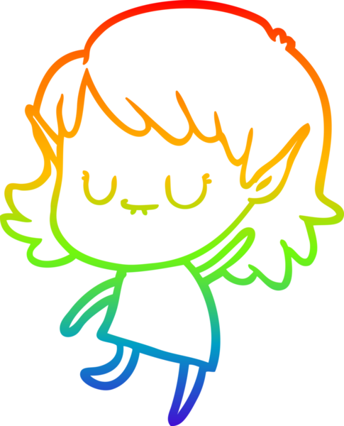 Gökkuşağı gradyan çizgisi mutlu çizgi film kızı bir insan tarafından çizilmiş elbise giyiyor.