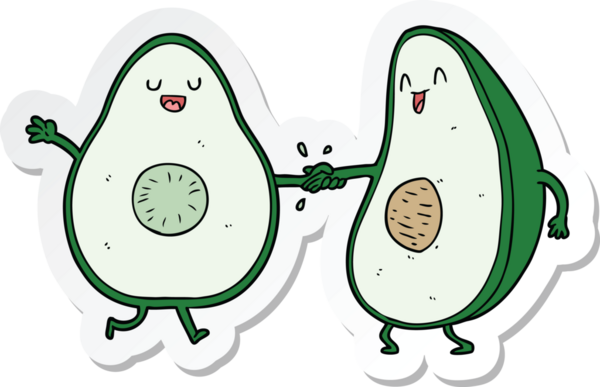 Bir insan tarafından çizilmiş dans eden avokadoların çıkartması.