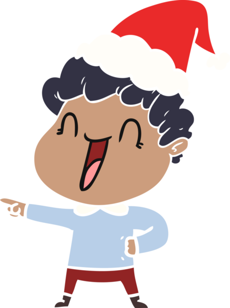 Bir insan tarafından çizilmiş Noel Baba şapkası takan mutlu bir adamın düz renkli çizimi.