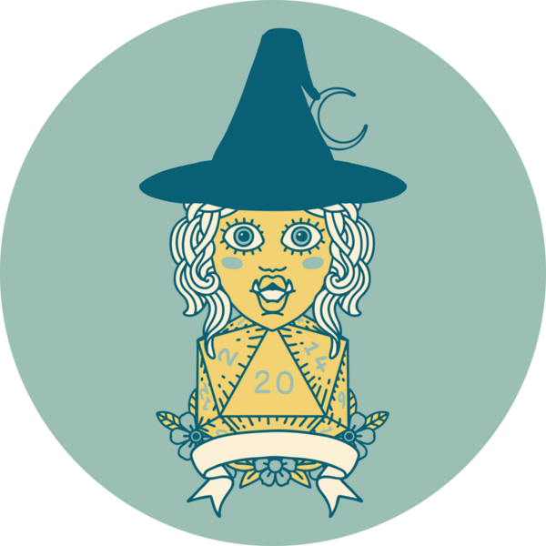 Retro Dövme Biçimi Bir insan tarafından çizilmiş doğal 20 zarlı yarı ork cadı karakteri