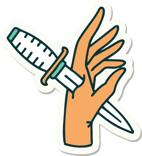 Bir insan tarafından çizilmiş eline geleneksel bir hançer stili dövme çıkartması.