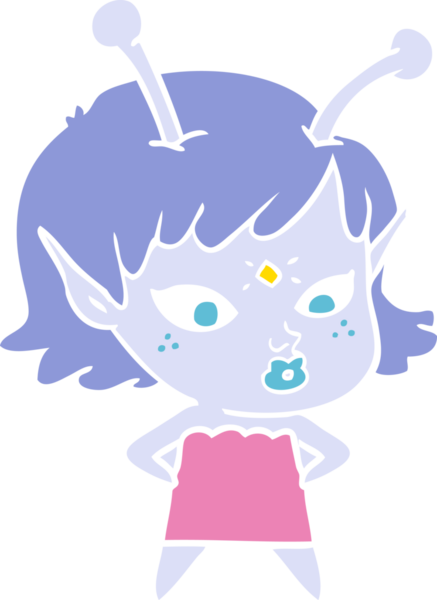 Bir insan tarafından çizilmiş düz renk çizgi film uzaylı kızı.