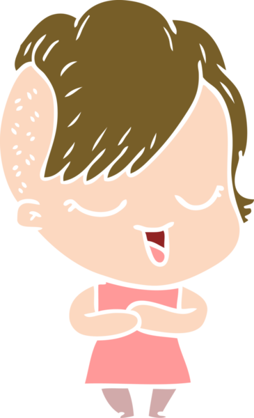 Bir insan tarafından çizilmiş mutlu düz renkli çizgi film kızı.