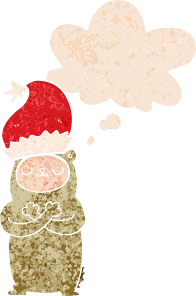 Çizgi film ayısı Noel şapkası takıyor. Düşünce baloncuğu ve grunge dertli eski moda bir insan tarafından çizilmiş.