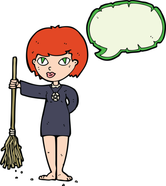 Bir insan tarafından çizilmiş konuşma balonlu güzel cadı kız çizgi filmi.