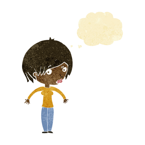 Bir insan tarafından çizilmiş düşünce baloncuğuyla omuz silken çizgi film kadını.