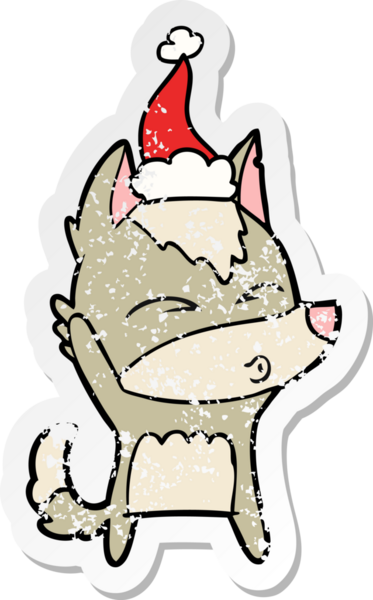 Bir insan tarafından çizilmiş Noel Baba şapkasıyla ıslık çalan bir kurt resmi.