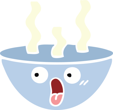 Bir insan tarafından çizilmiş sıcak çorba kasesinin düz renkli retro karikatürü