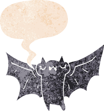 Tatlı cadılar bayramı yarasası çizgi filmi grunge ile konuşma baloncuğu sıkıntılı retro dokuma tarzı bir insan tarafından çizilmiş