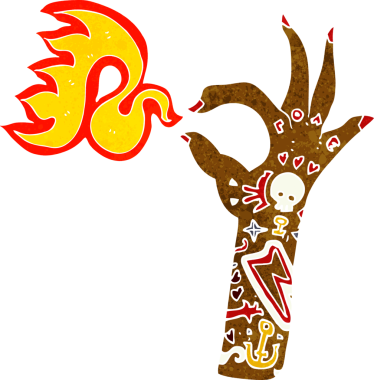 Bir insan tarafından çizilmiş çizgi film dövmeli kol ateş sembolü