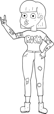 Bir insan tarafından çizilmiş siyah beyaz karikatür rock kızı.