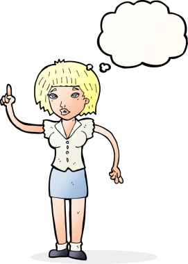 Bir insan tarafından çizilmiş düşünce baloncuğu fikri olan karikatür kadın.