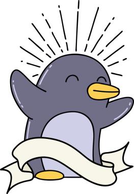 Bir insan tarafından çizilmiş mutlu penguen dövmeli parşömen.