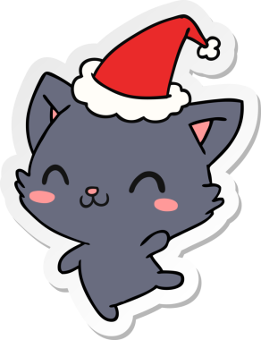 Bir insan tarafından çizilmiş kawaii kedisinin el çizimi Noel çıkartması.