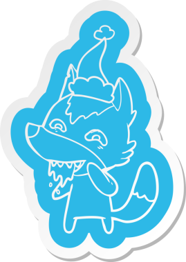 Bir insan tarafından çizilmiş Noel Baba şapkası giyen aç bir kurdun garip çizgi film çıkartması.