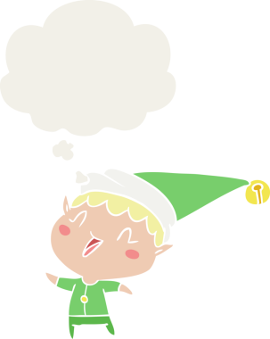 Çizgi film mutlu noel elfi. Düşünce baloncuğu insan tarafından çizilmiş.