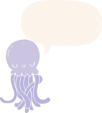 Bir insan tarafından çizilmiş konuşma baloncuğu olan sevimli çizgi film denizanası.