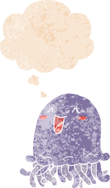 Düşünce baloncuklu çizgi film denizanası grunge sıkıntılı retro desenli bir insan tarafından çizilmiş