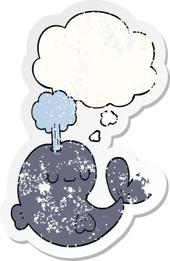 Düşünce baloncuğu olan sevimli çizgi film balinası bir insan tarafından çizilmiş yıpranmış bir çıkartma.